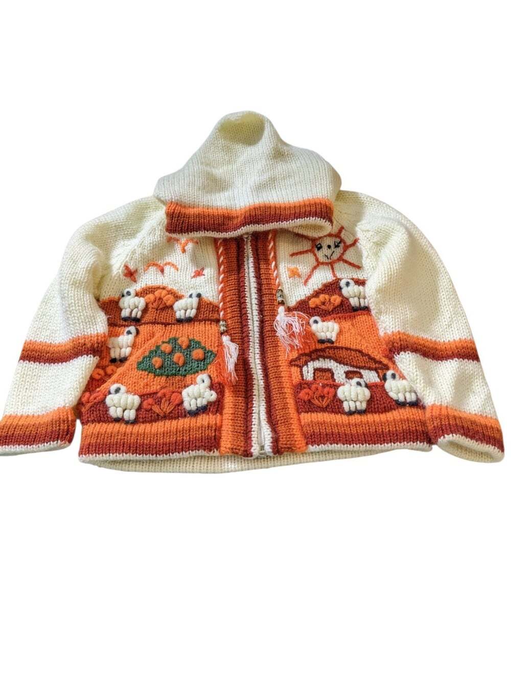 Peruvian Hand Knit Folk Art Hooded Sweater Cardigan 2T/3T Wool Blend Full Zip